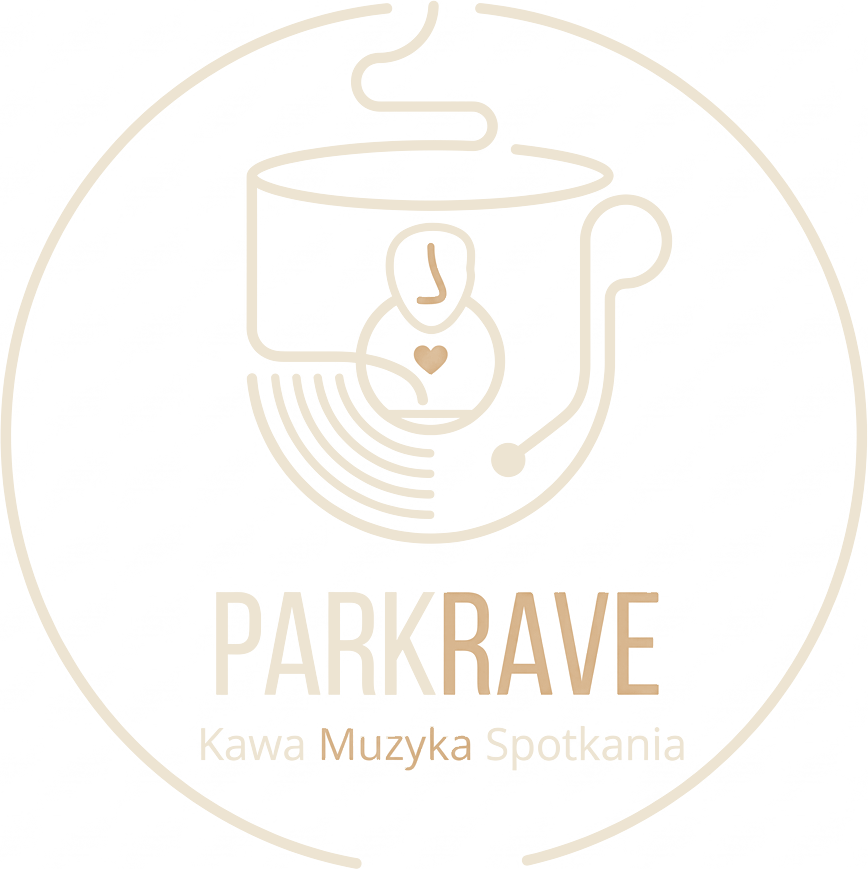 Logo PARKRAVE — filiżanka kawy z igłą gramofonu